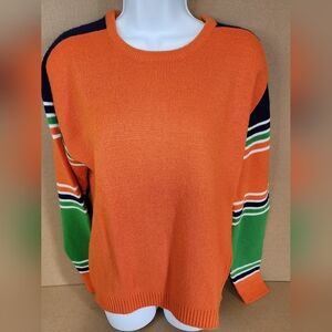 Vibrant Orange Crew Neck Sweater with Stripes
